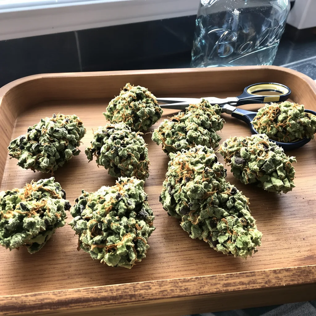 Go Time 53% indica / 47% sativa — flor con tricomas visibles