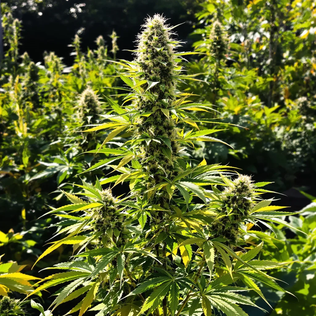 Go Time 53% indica / 47% sativa — flor con tricomas visibles