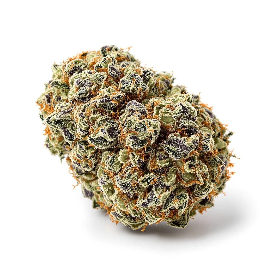 Go Time 53% indica / 47% sativa — flor con tricomas visibles