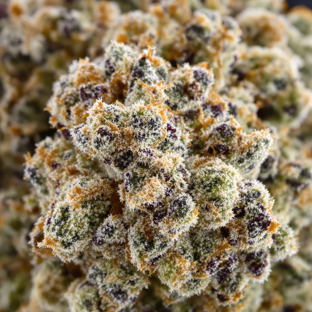 Primer plano de cogollo de cannabis Goat Milk mostrando estructura abierta con pistilos naranjas