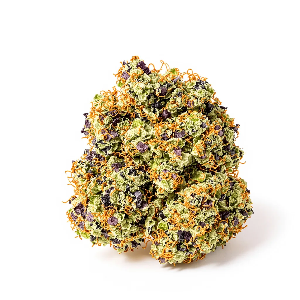 Goatlato 65% indica / 35% sativa — flor con tricomas visibles