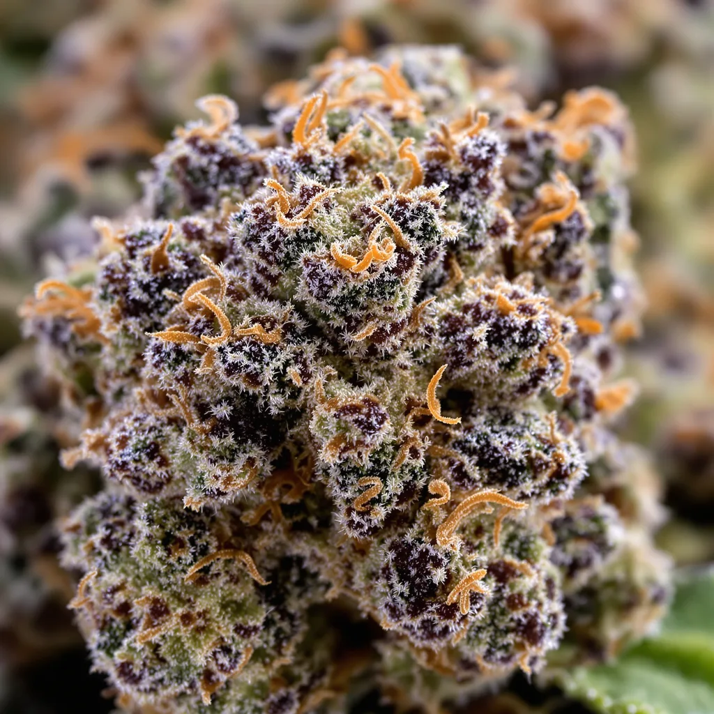 Primer plano de cogollo de cannabis Goatlato mostrando cálices densos con tonos morados