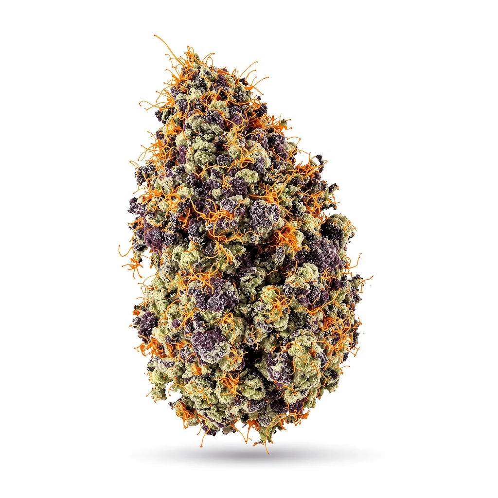 Goatlato 65% indica / 35% sativa — flor con tricomas visibles