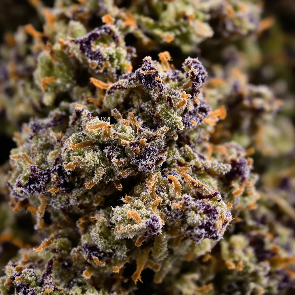 Primer plano de cogollo de cannabis Gobbilygoo mostrando cálices densos con tonos morados