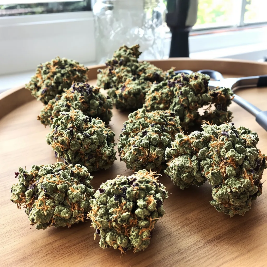 God Bud 50% indica / 50% sativa — flor con tricomas visibles