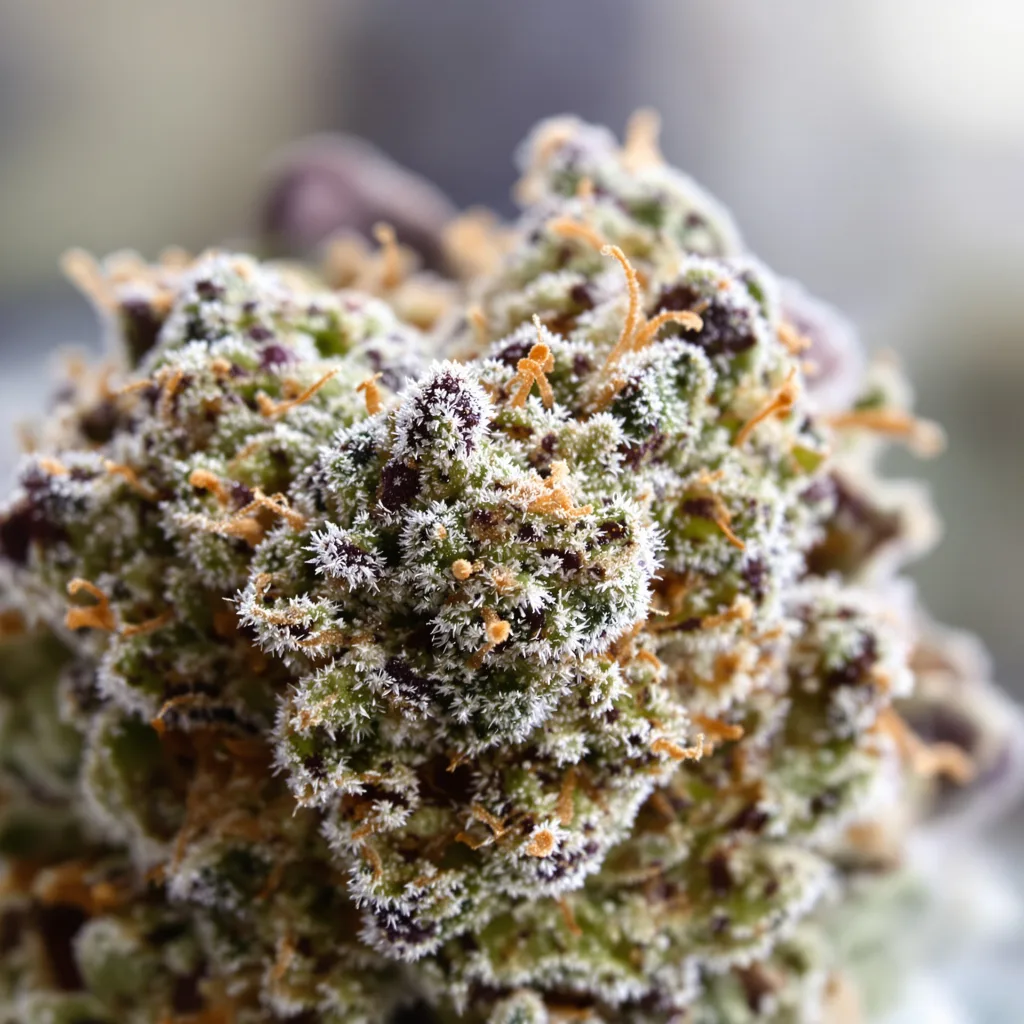 Primer plano de cogollo de cannabis God Bud mostrando estructura equilibrada con tricomas escarchados