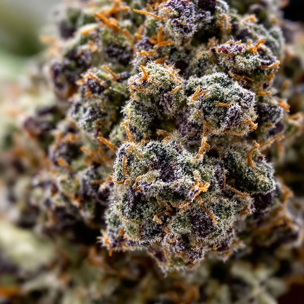 Primer plano de cogollo de cannabis God's Gift mostrando cálices densos con tonos morados