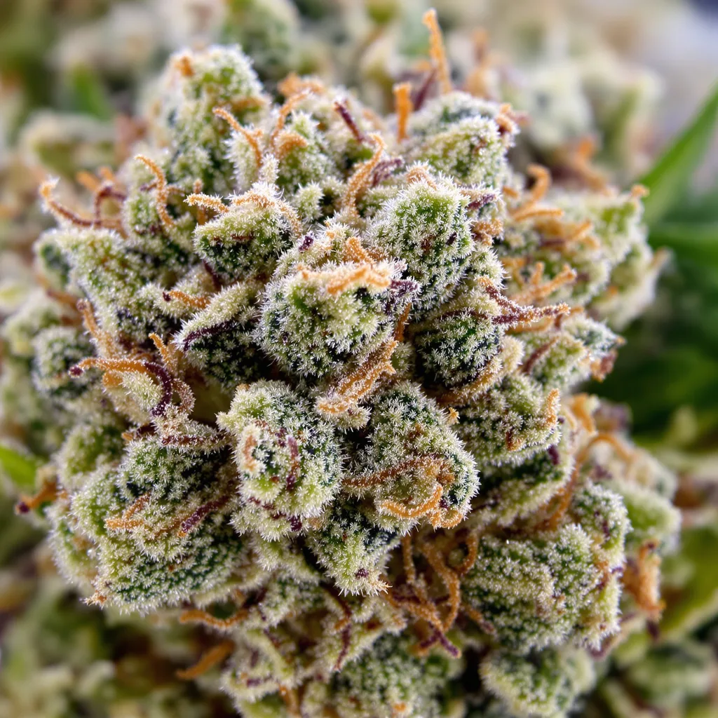 Primer plano de cogollo de cannabis God's Green Crack mostrando estructura equilibrada con tricomas escarchados