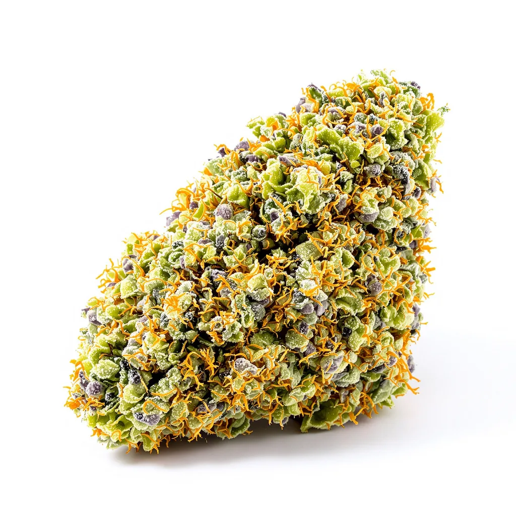 God's Green Crack 50% indica / 40% sativa — flor con tricomas visibles