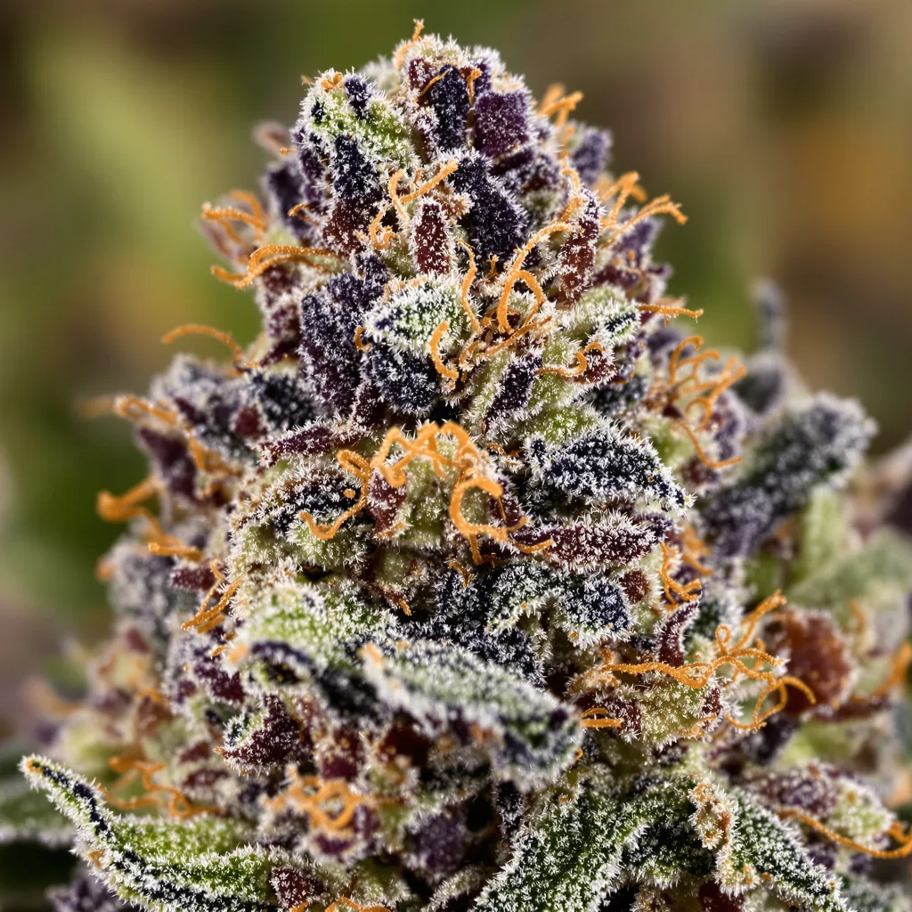Primer plano de cogollo de cannabis God's Treat mostrando cálices densos con tonos morados