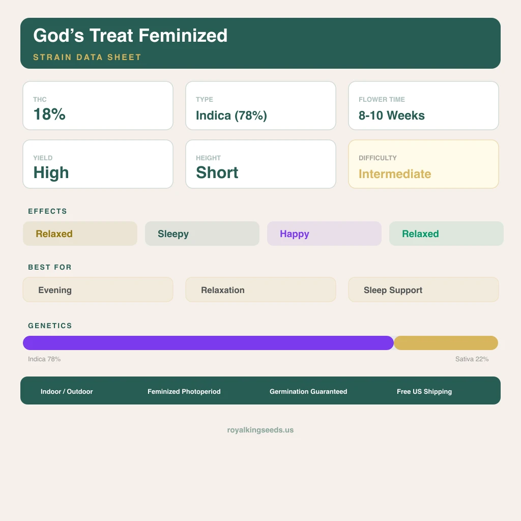 God’s Treat 78% indica / 22% sativa — flor con tricomas visibles