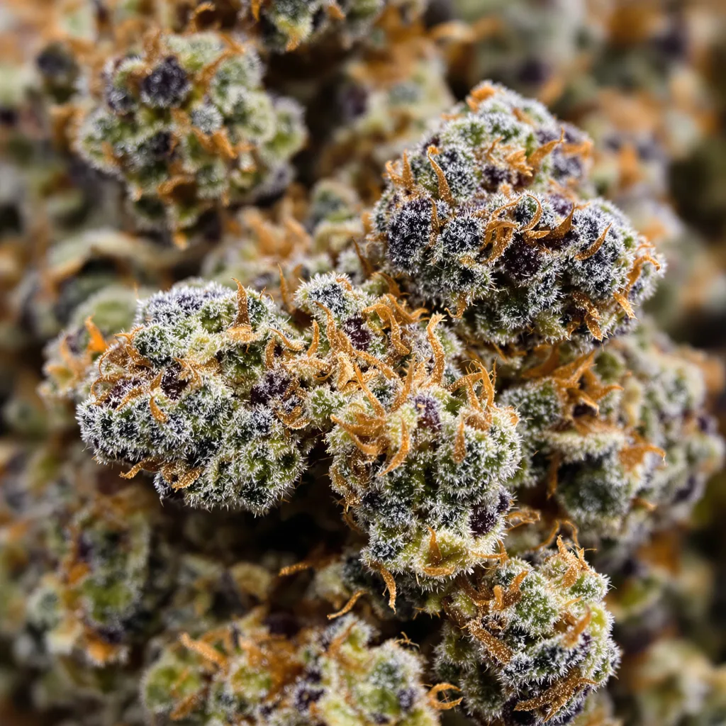 Primer plano de cogollo de cannabis God’s Treat mostrando cálices densos con tonos morados