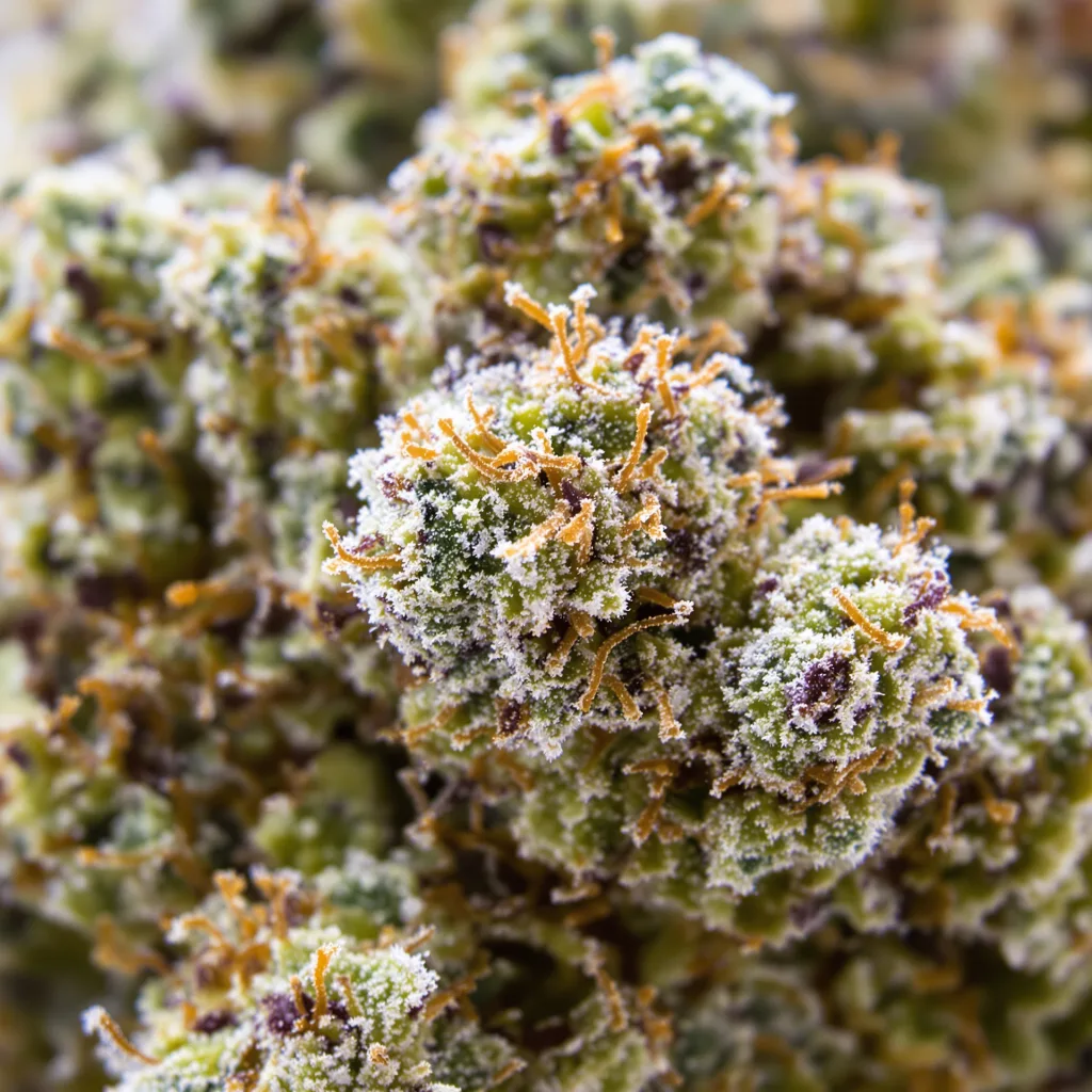 Primer plano de cogollo de cannabis Godfather OG mostrando cogollos densos verde bosque