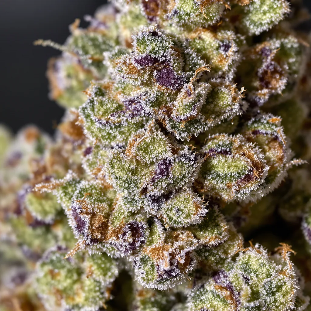 Primer plano de cogollo de cannabis Godfather OG mostrando cogollos densos verde bosque