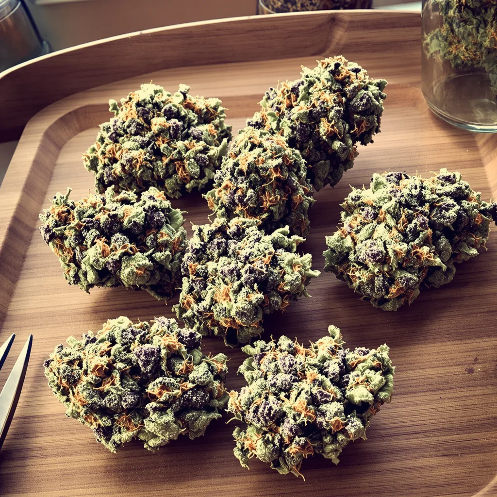 Godfather Purple Kush 53% indica / 47% sativa — flor con tricomas visibles