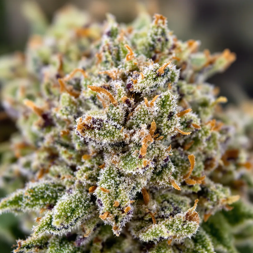 Primer plano de cogollo de cannabis Godfather Purple Kush mostrando estructura equilibrada con tricomas escarchados