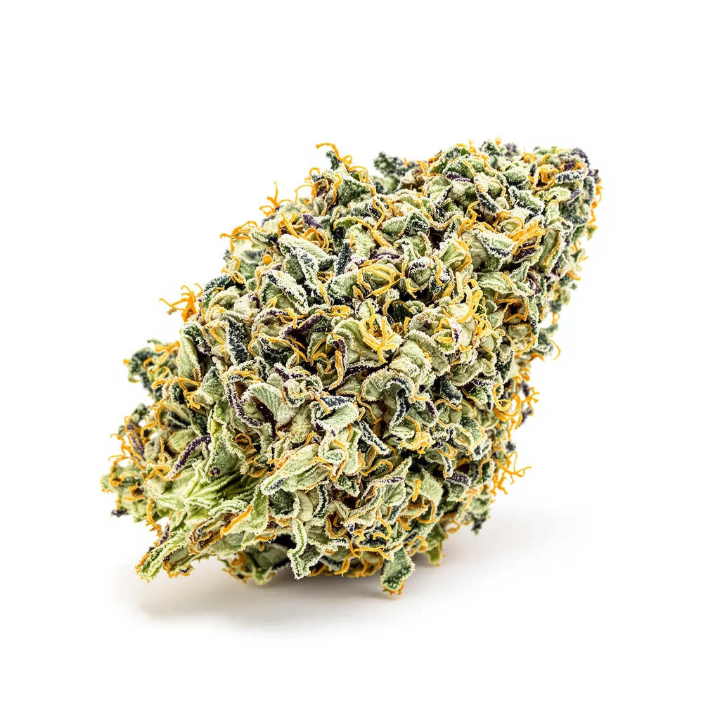 Godfather Purple Kush 53% indica / 47% sativa — flor con tricomas visibles