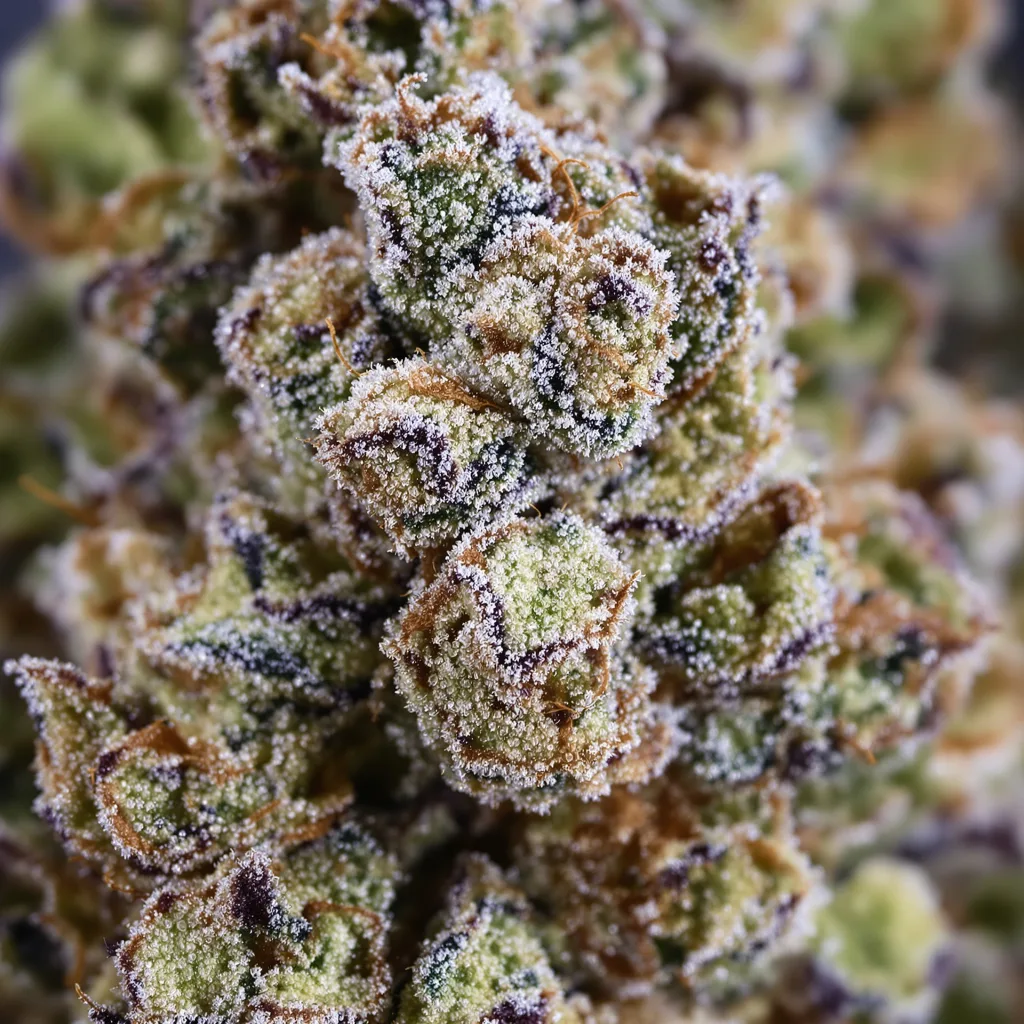 Primer plano de cogollo de cannabis Godzilla Cookies mostrando estructura equilibrada con tricomas escarchados