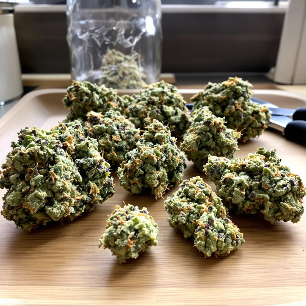 Godzilla Cookies 49% indica / 51% sativa — flor con tricomas visibles