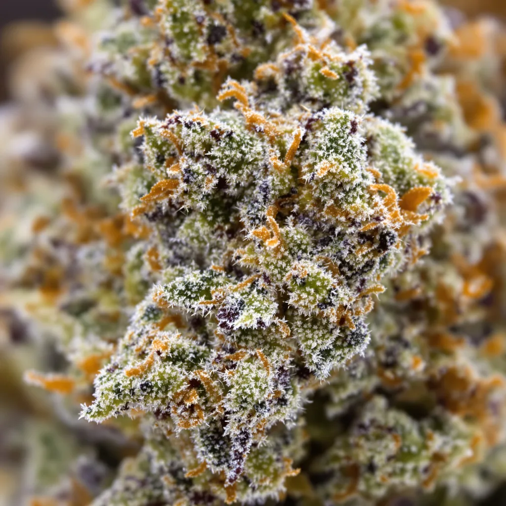 Primer plano de cogollo de cannabis Godzilla Cookies mostrando estructura equilibrada con tricomas escarchados