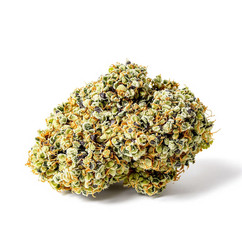 Godzilla Cookies 49% indica / 51% sativa — flor con tricomas visibles