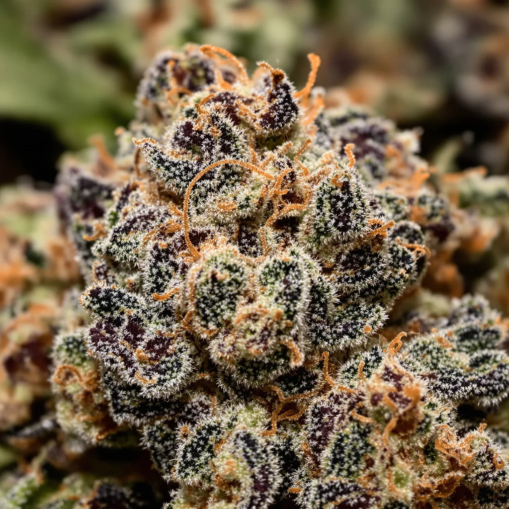 Primer plano de cogollo de cannabis Godzilla mostrando cálices densos con tonos morados