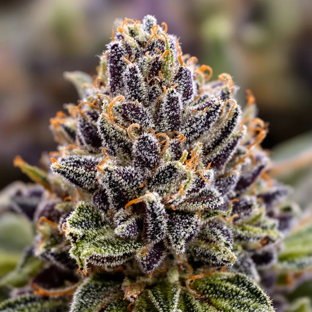 Primer plano de cogollo de cannabis Godzilla Glue mostrando cálices densos con tonos morados