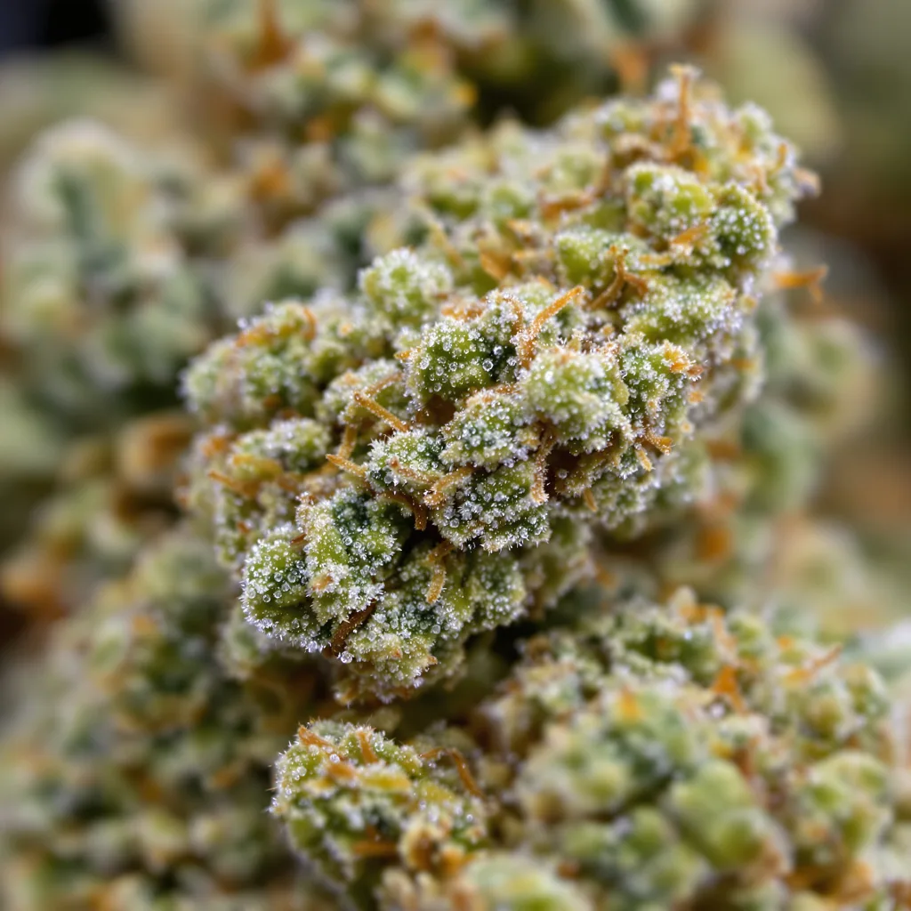 Primer plano de cogollo de cannabis Goji OG mostrando estructura aireada verde lima