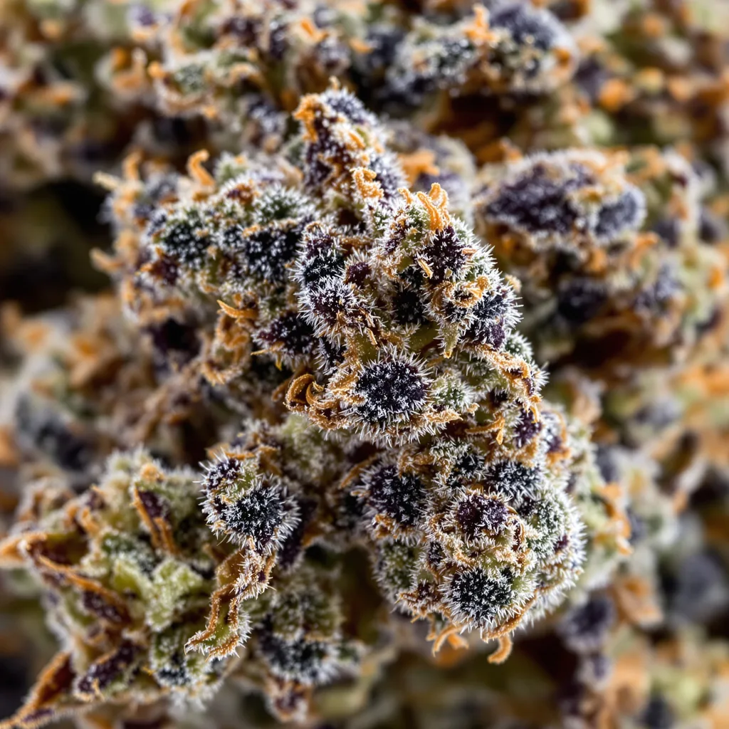 Primer plano de cogollo de cannabis Goji OG Haze mostrando cálices densos con tonos morados
