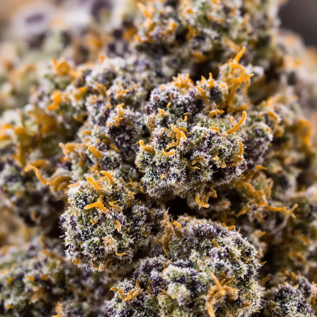 Primer plano de cogollo de cannabis Gold Leaf mostrando cálices densos con tonos morados