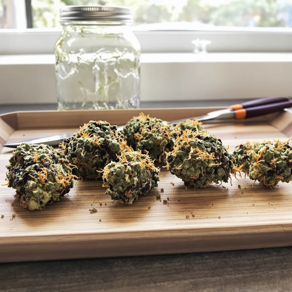 Goldberry 66% indica / 34% sativa — flor con tricomas visibles