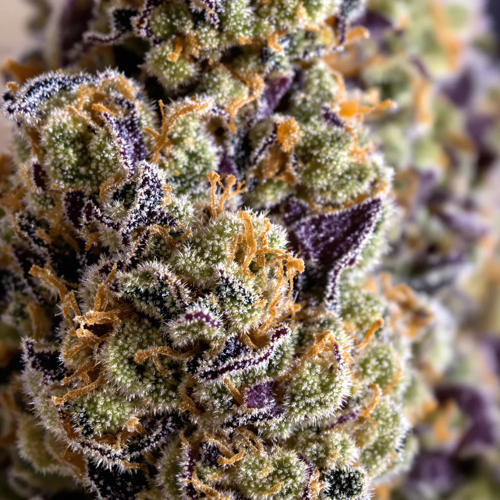 Primer plano de cogollo de cannabis Goldberry mostrando cálices densos con tonos morados