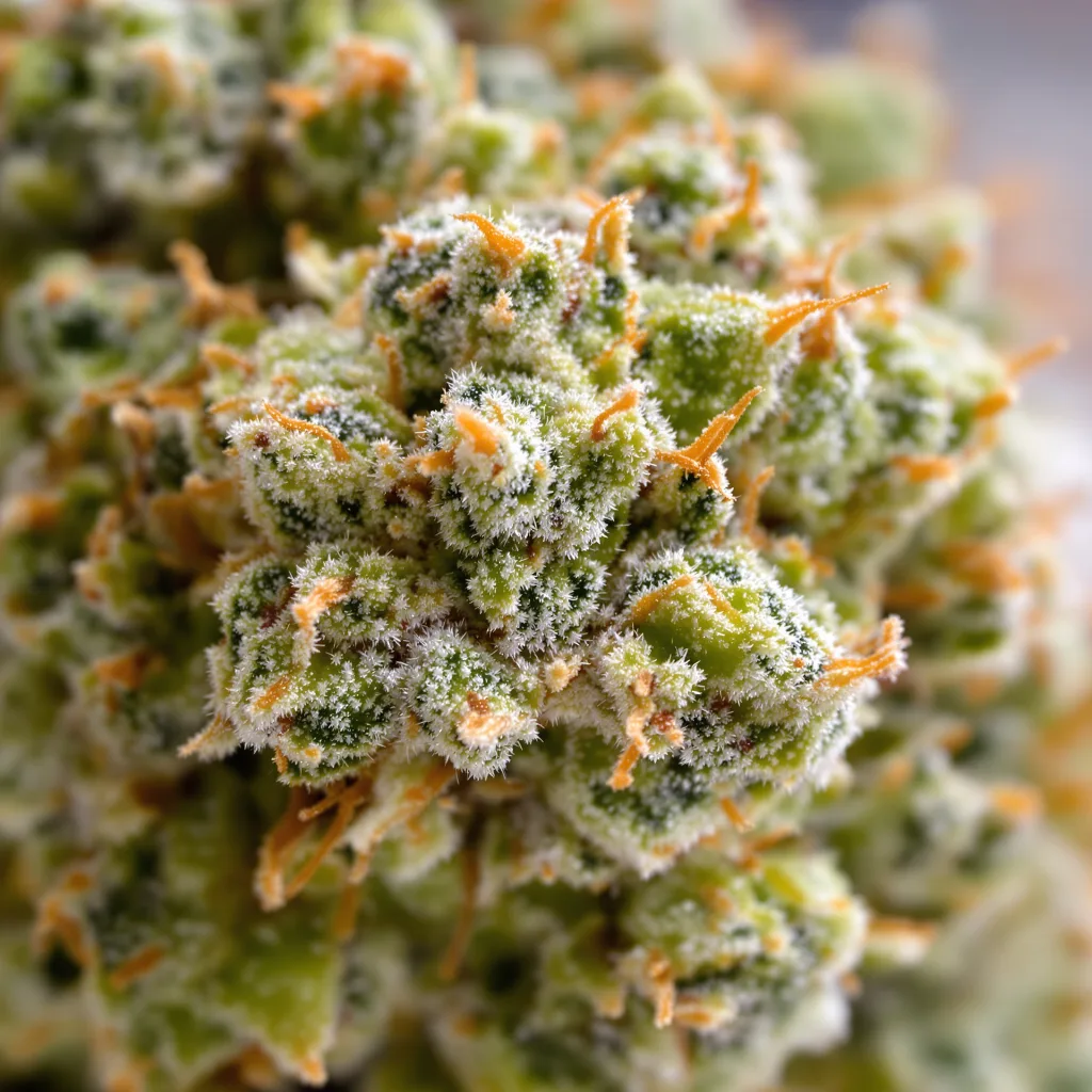Primer plano de cogollo de cannabis Golden Gate Haze mostrando estructura aireada verde lima