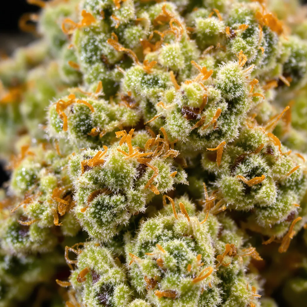 Primer plano de cogollo de cannabis Golden Goat mostrando estructura aireada verde lima