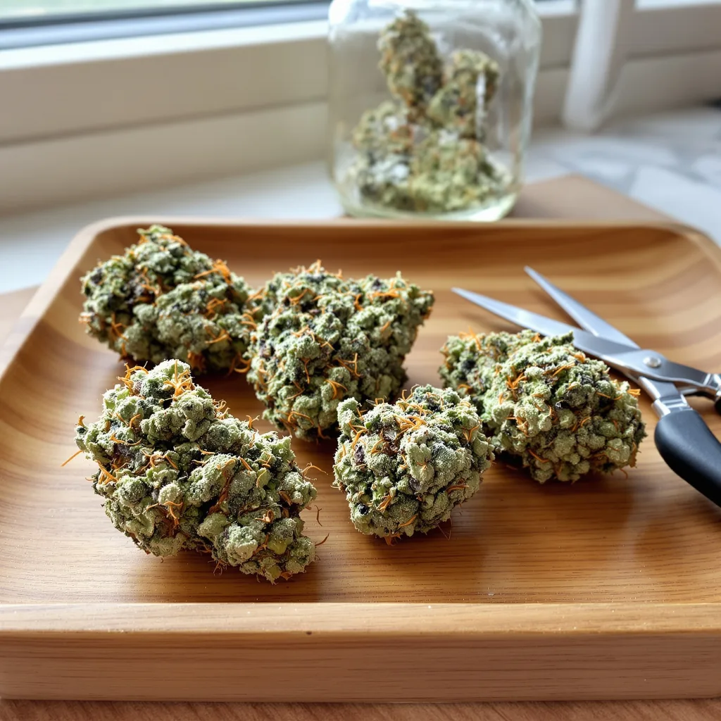 Golden Nugget 37% indica / 63% sativa — flor con tricomas visibles