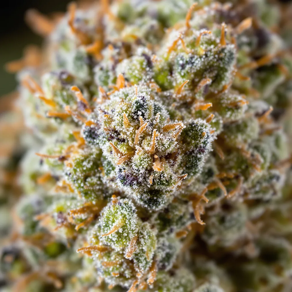 Primer plano de cogollo de cannabis Golden Nugget mostrando estructura abierta con pistilos naranjas
