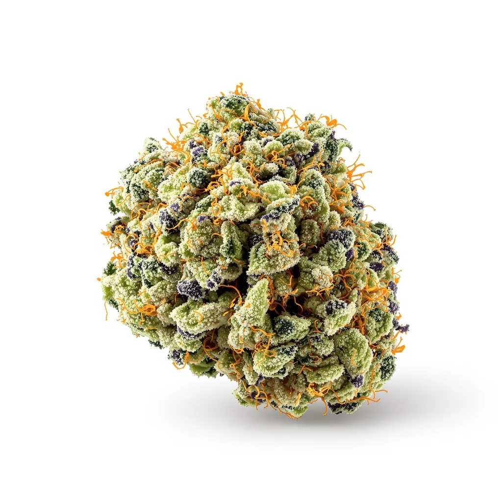 Golden Nugget 37% indica / 63% sativa — flor con tricomas visibles