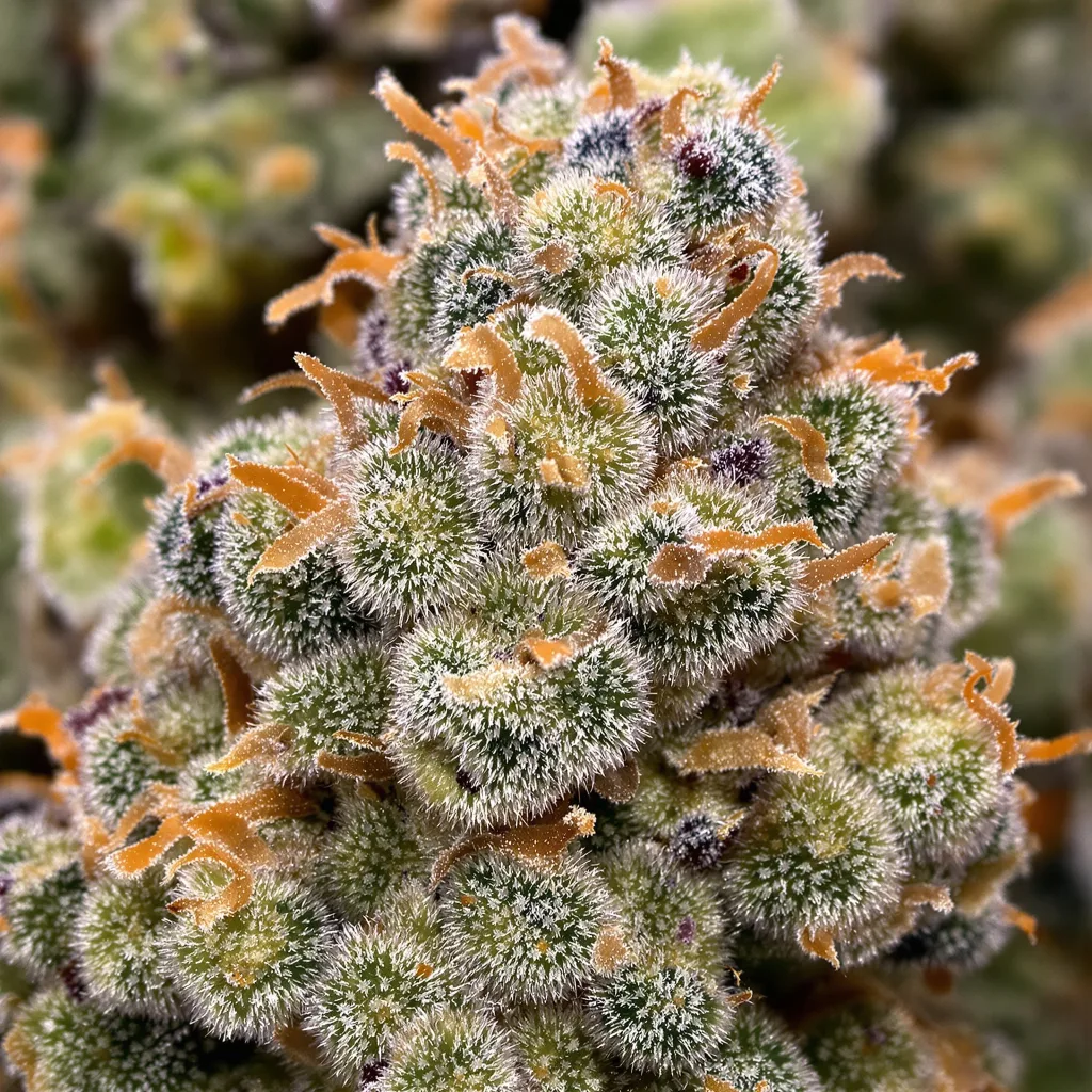 Primer plano de cogollo de cannabis Golden Pineapple mostrando estructura equilibrada con tricomas escarchados