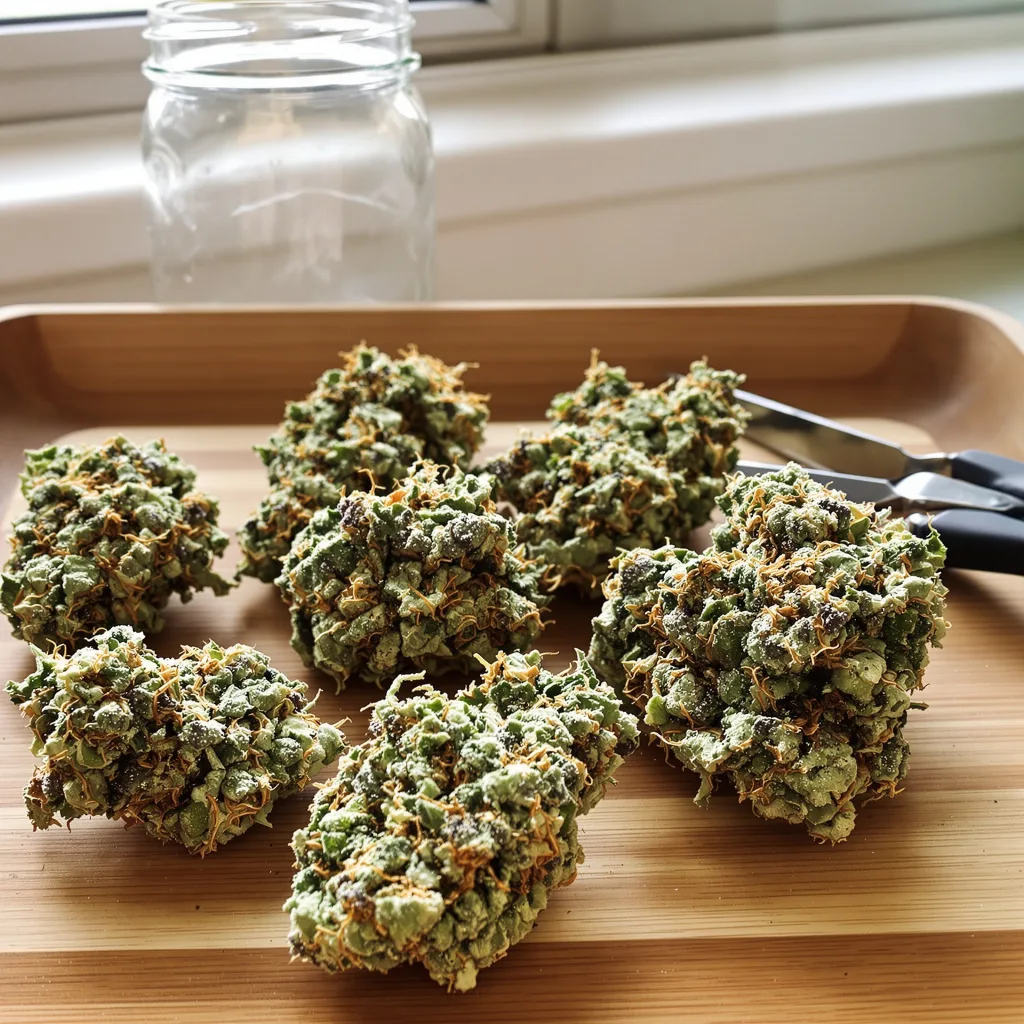 Golden Ticket 50% indica / 50% sativa — flor con tricomas visibles