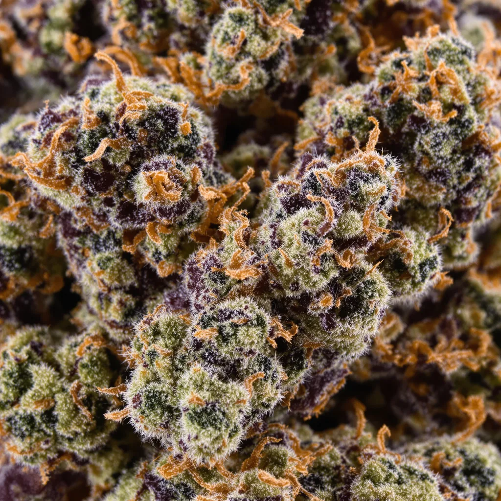 Primer plano de cogollo de cannabis Goo mostrando cálices densos con tonos morados