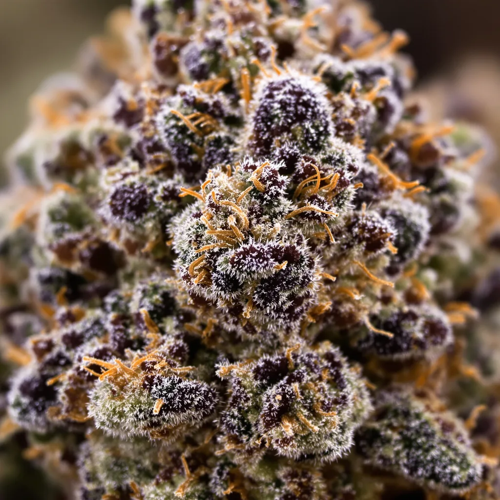 Primer plano de cogollo de cannabis Gorilla Cookies mostrando cálices densos con tonos morados