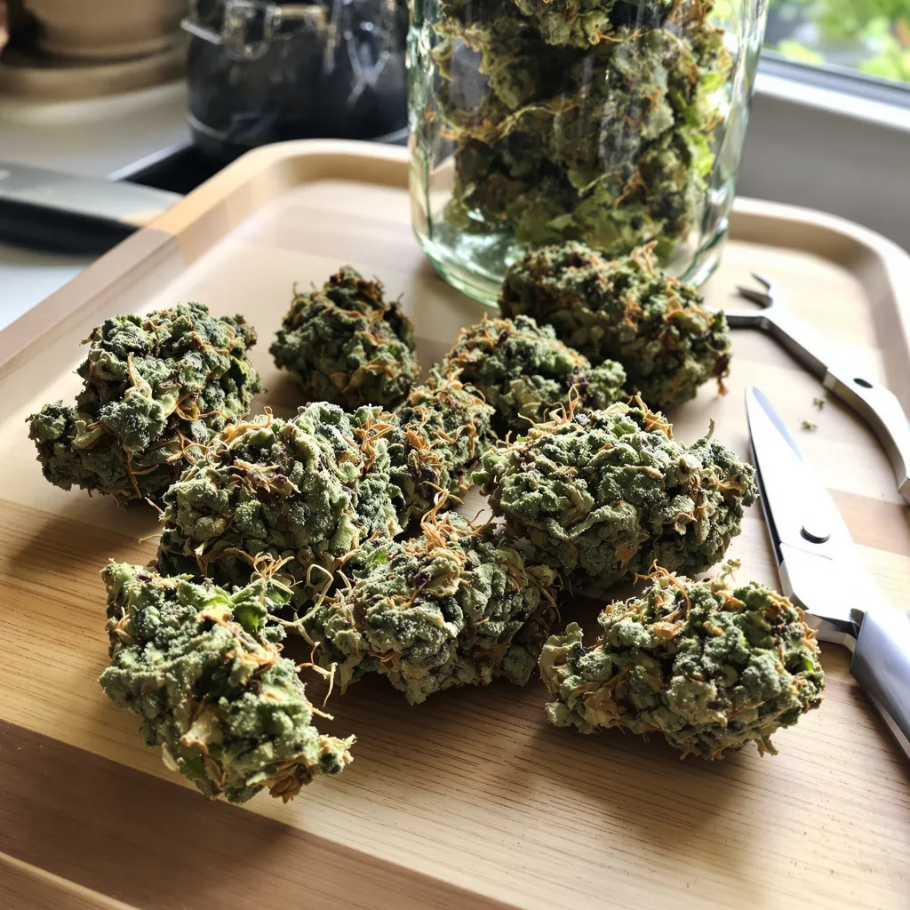 Gorilla Glue 51% indica / 49% sativa — flor con tricomas visibles