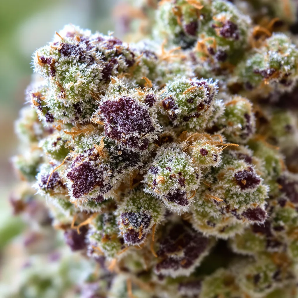 Primer plano de cogollo de cannabis Gorilla Glue mostrando estructura equilibrada con tricomas escarchados