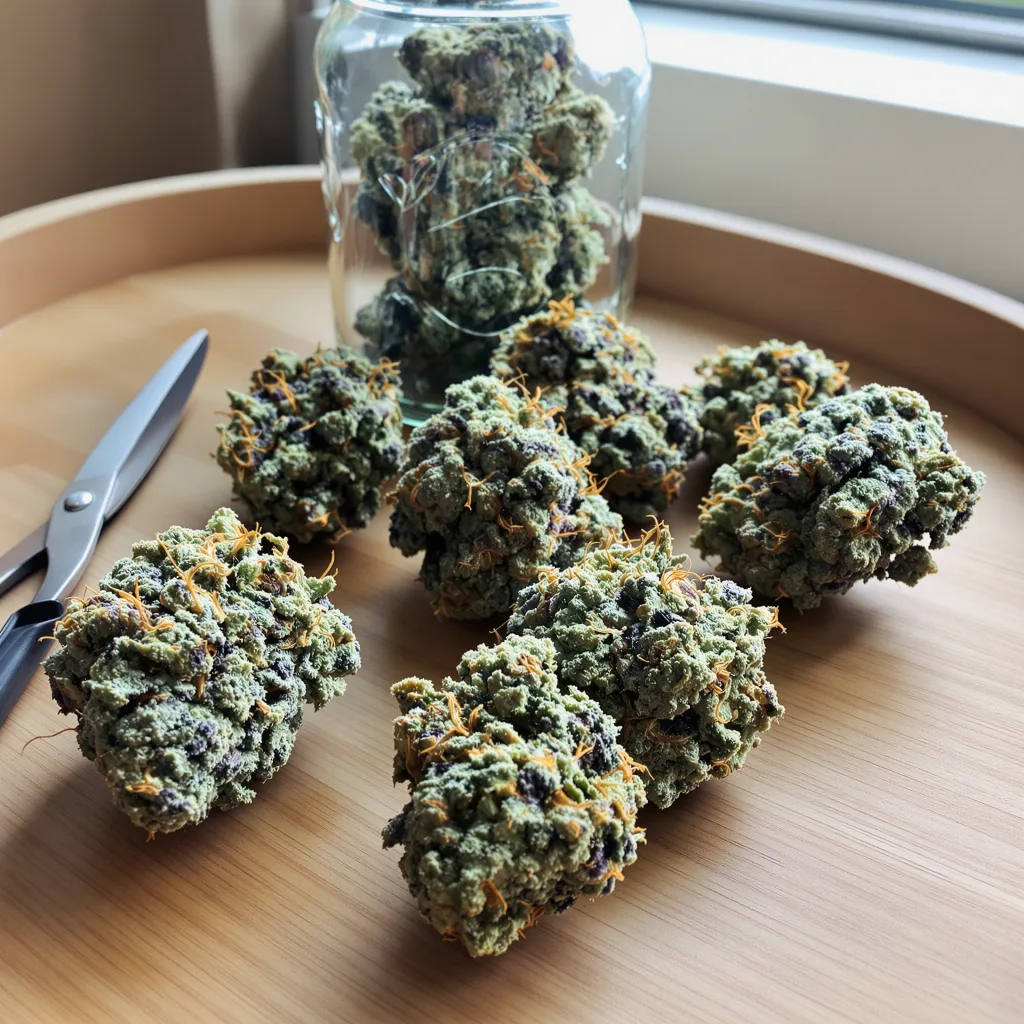 Gorilla Glue 51% indica / 49% sativa — flor con tricomas visibles