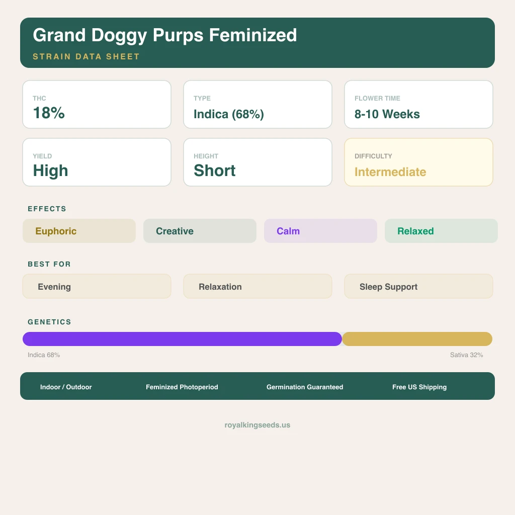 Grand Doggy Purps 68% indica / 32% sativa — flor con tricomas visibles