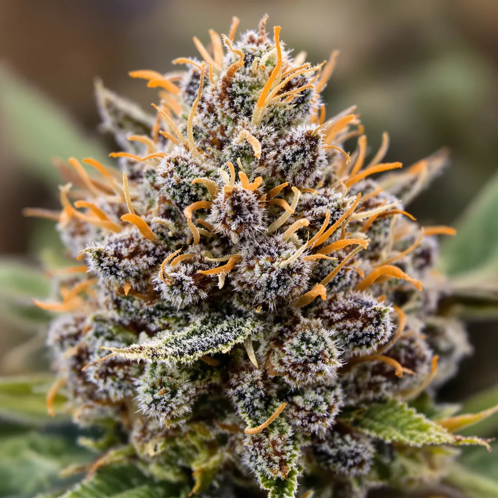 Primer plano de cogollo de cannabis Grand Doggy Purps mostrando cálices densos con tonos morados