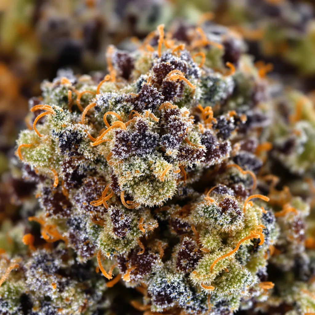 Primer plano de cogollo de cannabis Grand Hindu mostrando cálices densos con tonos morados