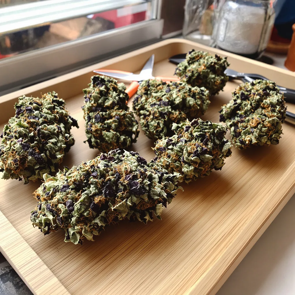 Granddaddy Purple 80% indica / 20% sativa — flor con tricomas visibles