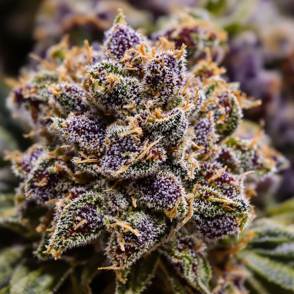Primer plano de cogollo de cannabis Granddaddy Purple mostrando cálices densos con tonos morados