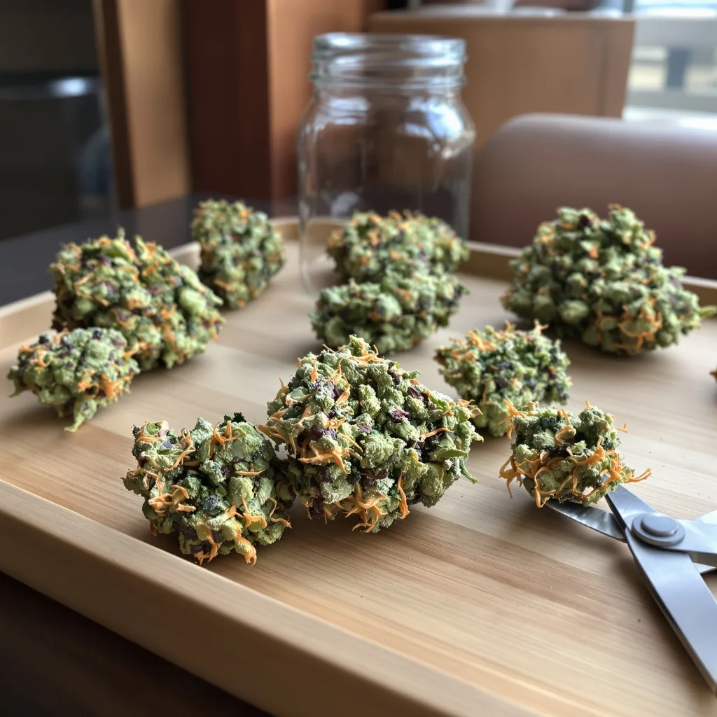 Grandmas Sugar Cookies 58% indica / 42% sativa — flor con tricomas visibles